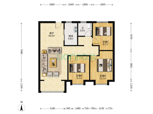 万科新都会 3室1厅1卫 106平方