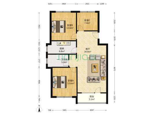 万科洋浦花园 3室1厅1卫 120平方