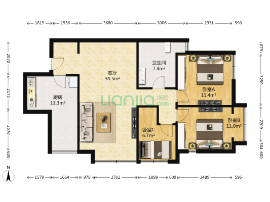 东山国际新城H区二期 3室1厅1卫 97平方