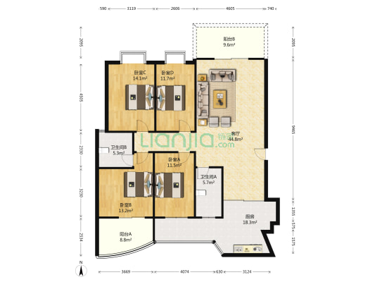 京韵花园 4室1厅2卫 169平方