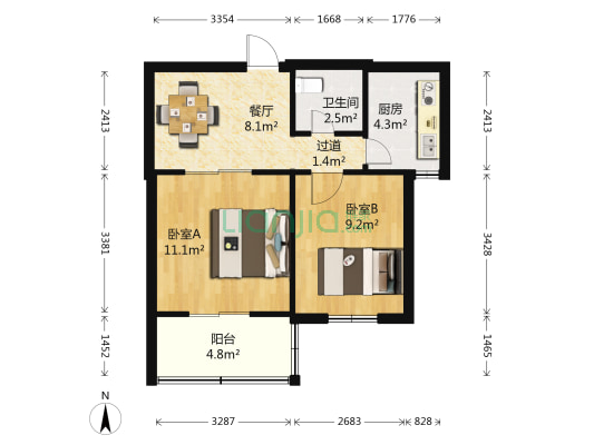 卫生路2号院 2室1厅1卫 54平方