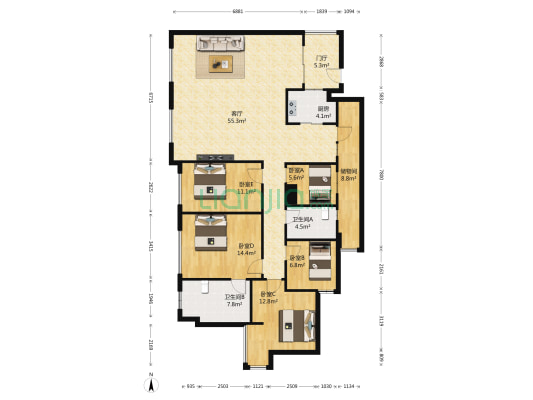 蓝光云鼎 5室1厅2卫 155平方