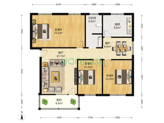 河南财经政法大学东风路家属院 3室2厅1卫 125平方