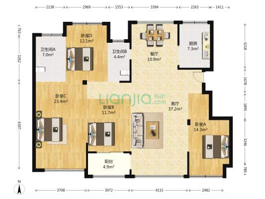 江山万里四期 4室2厅2卫 136平方