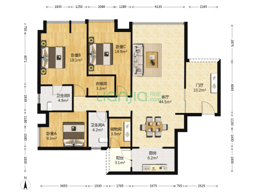富抱泉花园 3室1厅2卫 145平方
