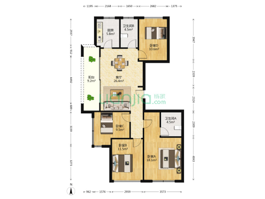 山语凤鸣府 4室1厅2卫 121平方