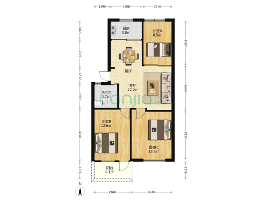 新南方花园 3室1厅1卫 84平方