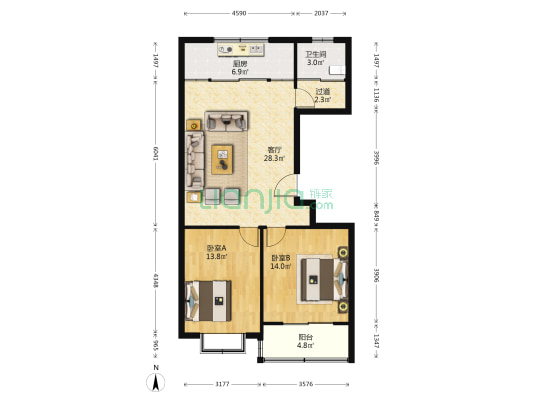 隆祥花园 2室1厅1卫 98平方