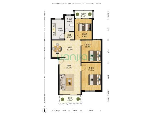西丽湖工贸公司住宅 3室2厅1卫 97平方