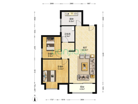茂华禧都会 2室1厅1卫 86平方