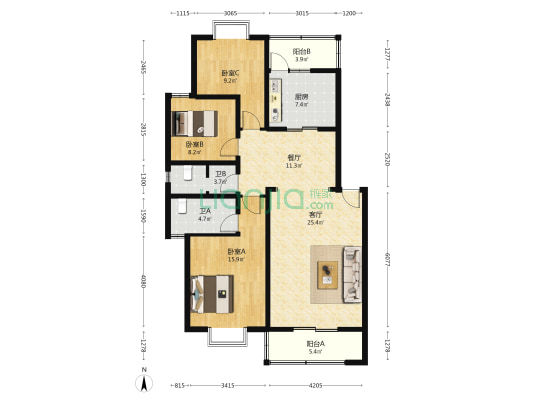 山南花园 3室2厅2卫 114平方