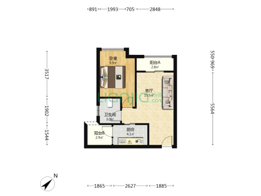 上善清波小区A 1室1厅1卫 49平方