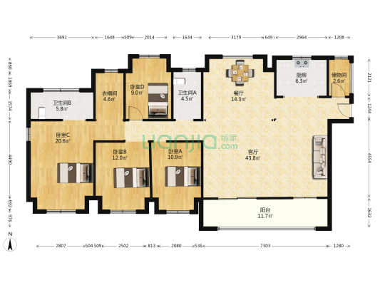 财汇新天地 4室2厅2卫 169平方