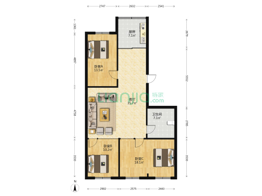 聚隆家园 3室1厅1卫 111平方