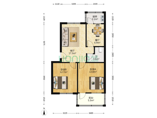 汽车制造厂宿舍 2室2厅1卫 75平方