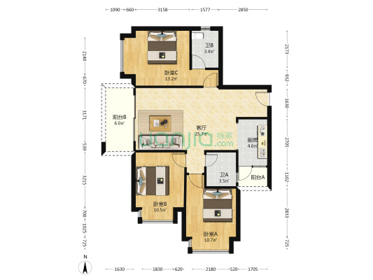 丽日湖逸家园二期 3室1厅2卫 123平方