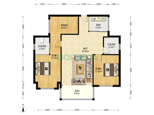 冠通上城 2室1厅2卫 134平方