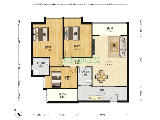 财茂广场 3室1厅2卫 116平方