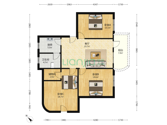 金狮花园 3室1厅1卫 105平方