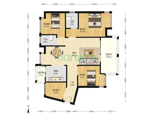 奥园天翔誉峰 4室1厅2卫 109平方