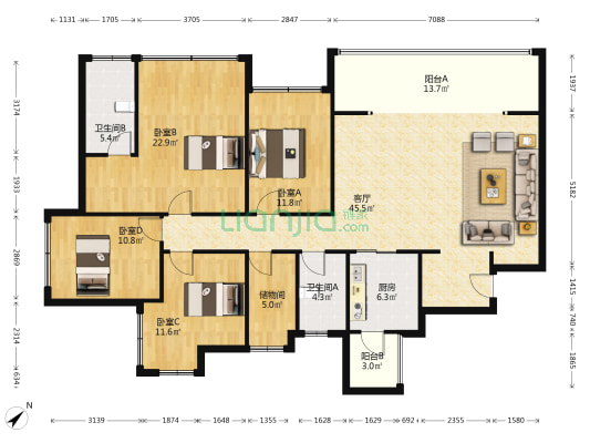 优山禧园 4室1厅2卫 158平方
