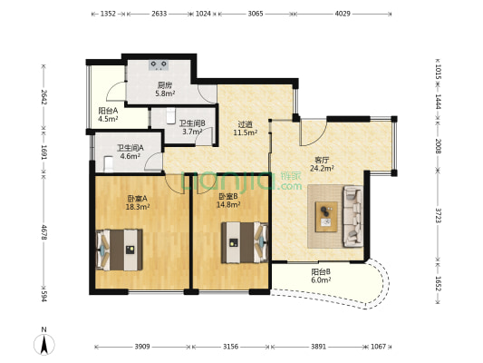 青扬六和 2室1厅2卫 114平方