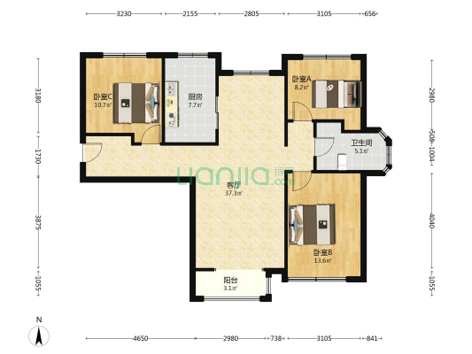 房子南北通透三居室，房本満二，拎包入住。-户型图