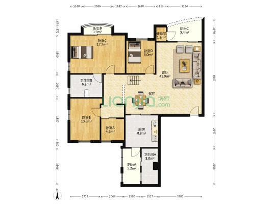 天翔花园 4室1厅2卫 164平方