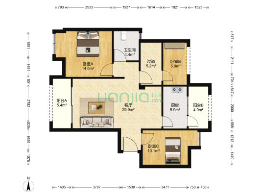 万嘉国际社区 3室1厅1卫 95平方