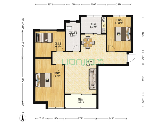 蓝天顺河社区 3室1厅1卫 122平方