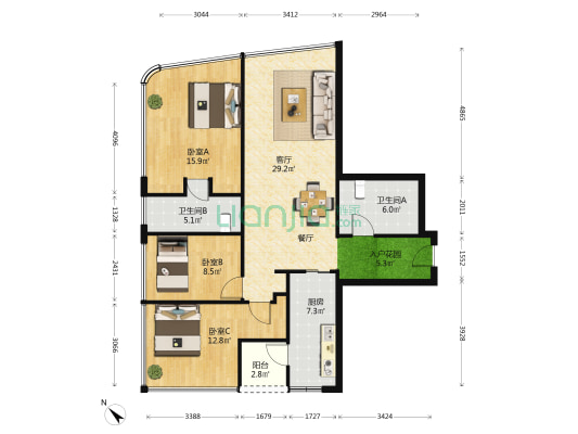 中大金融中心 3室1厅2卫 107平方
