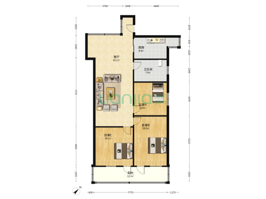 新福路14号院 3室1厅1卫 128平方