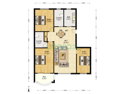 嘉和花苑 3室1厅2卫 126平方