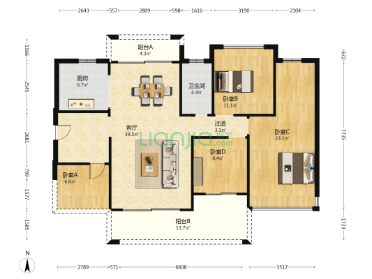 景富双湖湾 4室1厅1卫 136平方