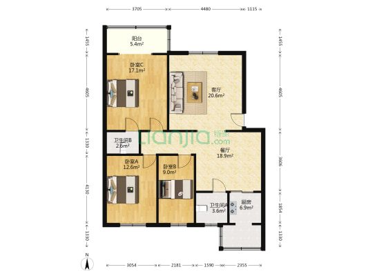 此房为，南北通透采光充足。集中供暖，停车位充足。-户型图