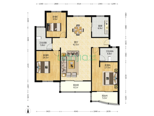 金沙公寓 3室1厅2卫 128平方