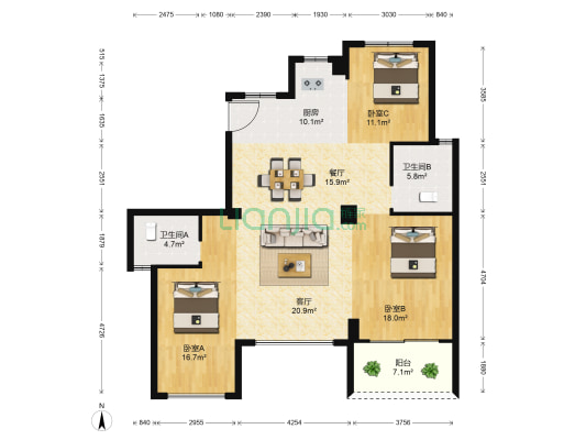 中鸿嘉园 3室2厅2卫 159平方
