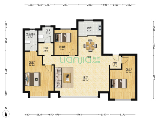 万科·沣华锦鸣 3室1厅2卫 142平方