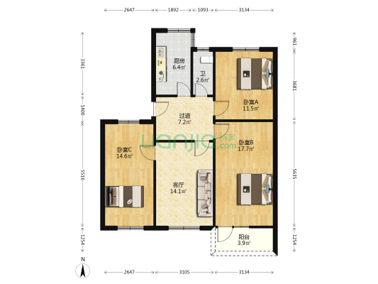 中煤五建三处 3室1厅1卫 94平方