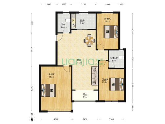 南园路189号 3室1厅2卫 130平方
