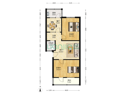 黄河路93号院 2室2厅1卫 75平方