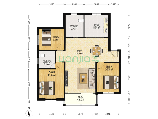 三香花园 3室1厅2卫 109平方