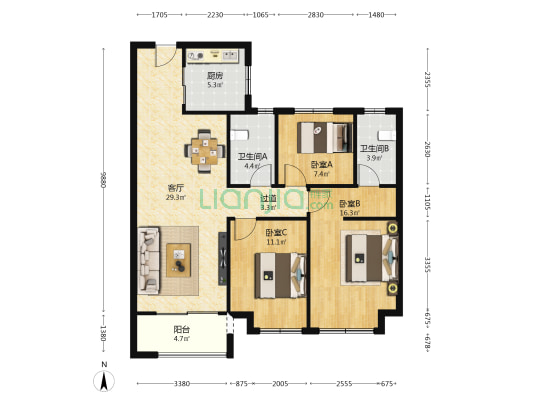 华润置地公元汇 3室1厅2卫 116平方