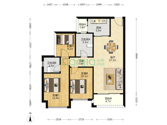 壹城中心7区 3室1厅2卫 97平方