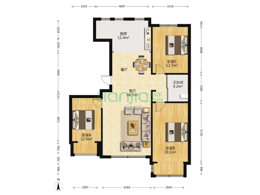 地铁名典海棠苑 3室1厅1卫 128平方