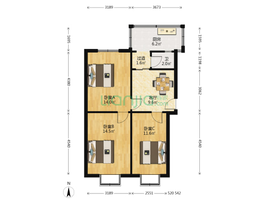 槐中路190号 3室1厅1卫 65平方