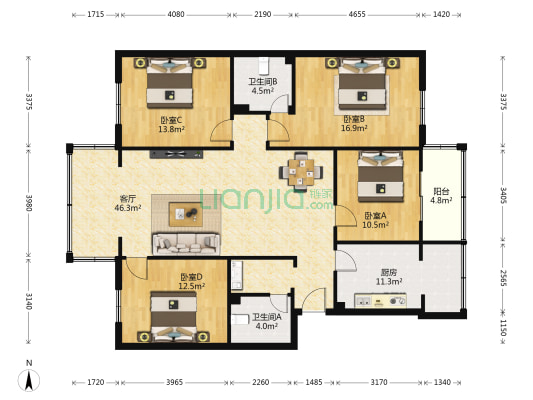 商业街1号 4室1厅2卫 143平方