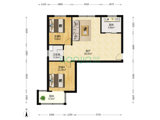 泉景天沅鸿园 2室1厅1卫 93平方