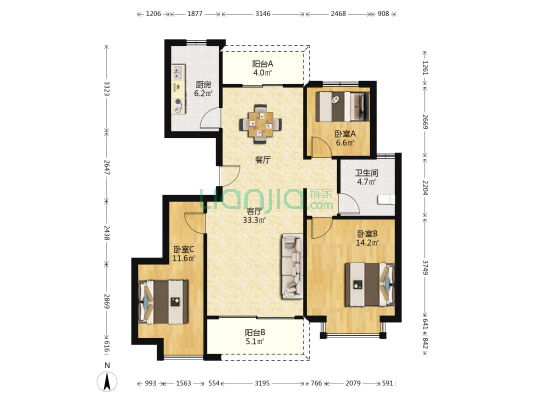 恒大林溪郡北园 3室1厅1卫 112平方