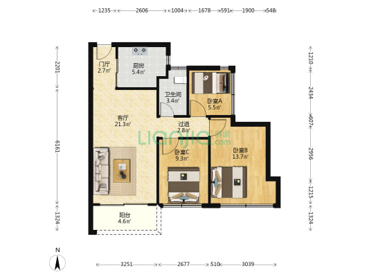 丁山河畔花园 3室1厅1卫 78平方